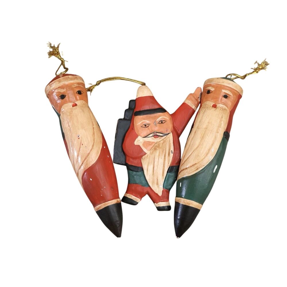 Vintage Wooden Santa Teardrop Red Green Folk Art Christmas Ornaments 6" Holiday